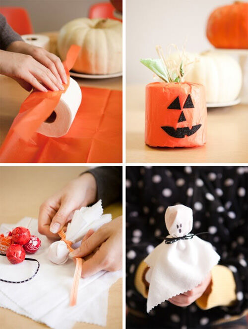 Halloween craft: trick (toilet paper pumpkin) or treat (ghost lollipops)
