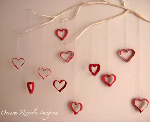 Heart decorations made from toilet paper rolls