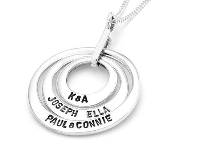 Close up of UbyKate Ubercircles Combination Necklace showing names and initials on three combined rings. 