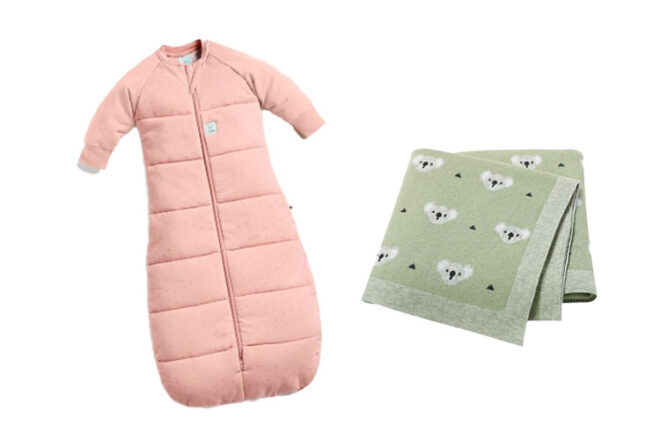 The ergoPouch Jersey Sleeping Bag and a baby blanket from Louie Meets Lola