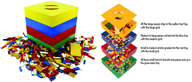 The Box4Blox has grids on each level to sort LEGO into different sizes, with the larger pieces staying on top and smaller ones filtering to the bottom. Awesome!