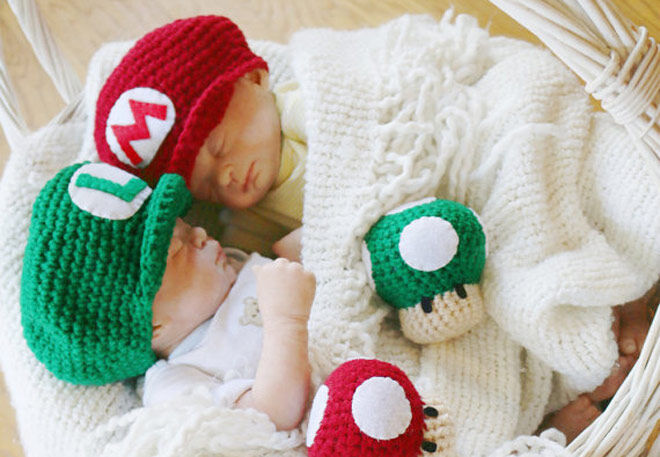 Newborn baby Mario and Luigi hats