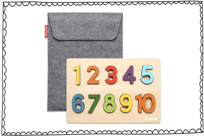 Wooden numbers in felt pouch by Tinyme
