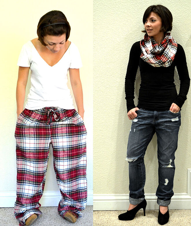 Turn PJ Pants into a scarf. Things to do with your old winter woolies.