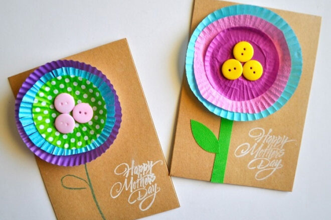 Two paper flowers on a card for Mother's Day