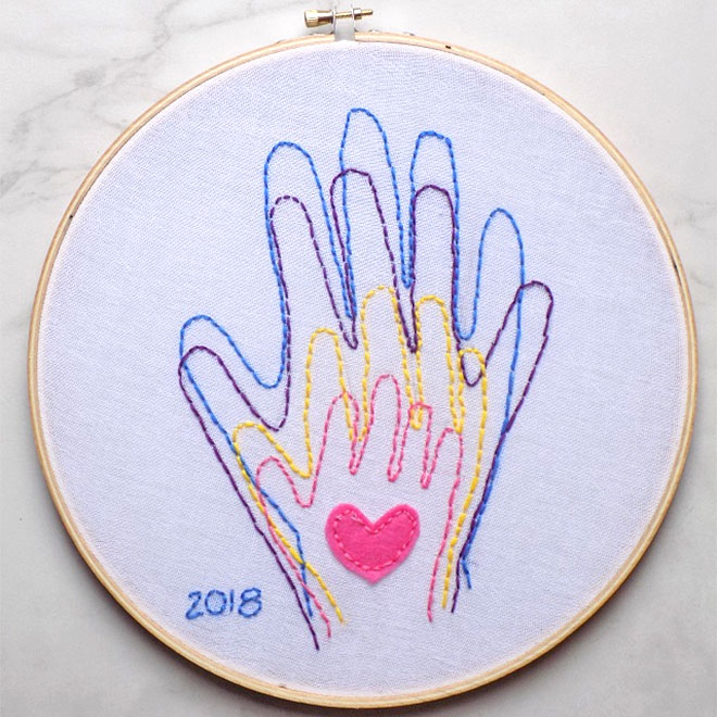 An embroidery hoop with hands stitched onto it