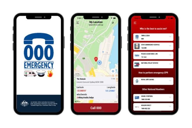 Three phones showing different screens from the Emergency Plus App