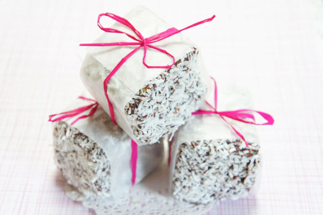 Sweet little lamingtons wrapped up for Mother's Day
