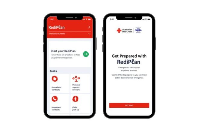 Three phones showing different screens from the Red Cross Get Prepared App