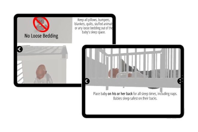 Two electronic tablets showing different screens from the SIDS Info App