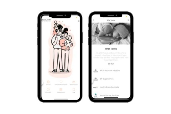 Two phones showing different screens from the Tiny Hearts Education App