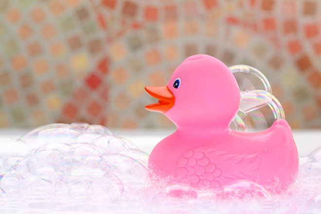 Pink rubber ducky in bath