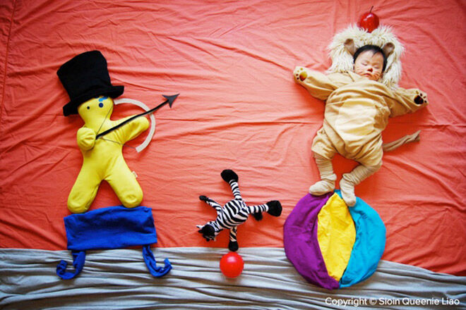 Creative mum puts baby in circus when he sleeps