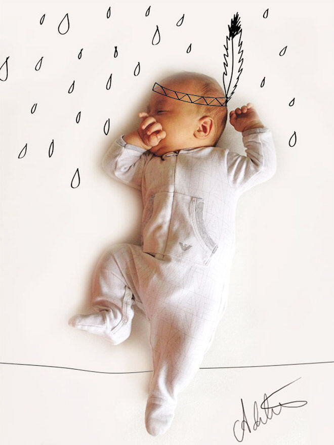 Cute pen drawings by Adele Enerson over photographs of her baby