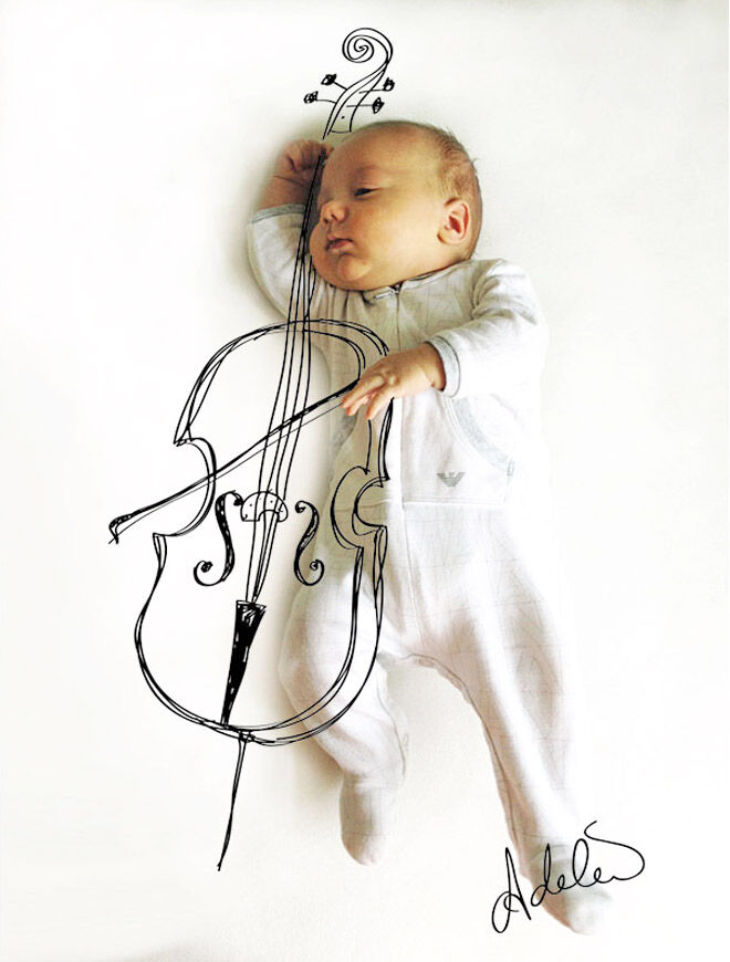 Adele Enerson's pen drawings over photographs of her baby