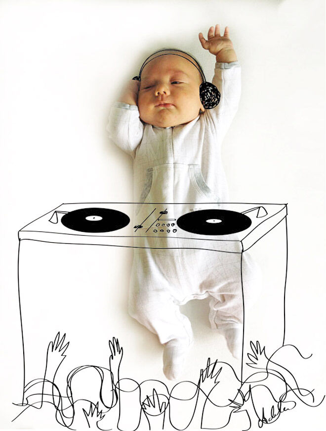 Adorable pen drawings over photographs of baby by Adele Enerson