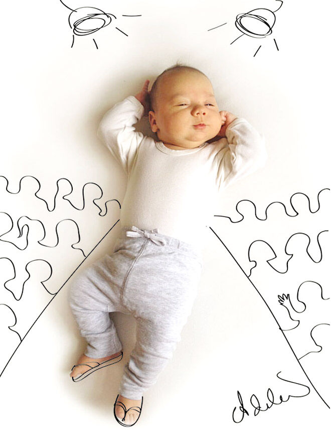 Pen drawings over photographs of baby Vincent by Adele Enerson