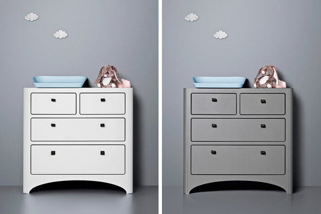 The Leander dresser ($1099), available in both grey and white, with contemporary felt drawer pulls. 