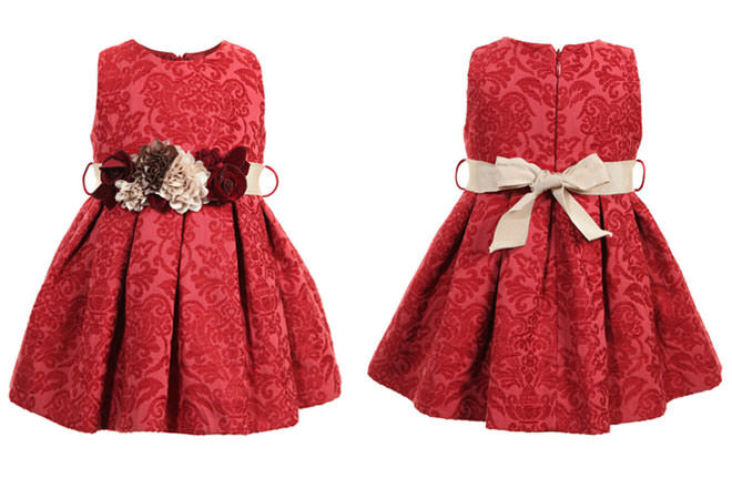 Baby Girls Red Brocade Dress with Floral Belt by Monnalisa Bebe | Mum's Grapevine