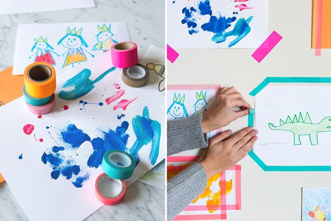 Cheap and chic! Use washi tape to secure or create colourful borders around the kids latest artistic offering.