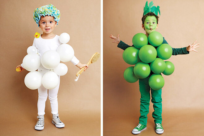 Dress up as bubbles in the bath or green grapes using balloons on Halloween.