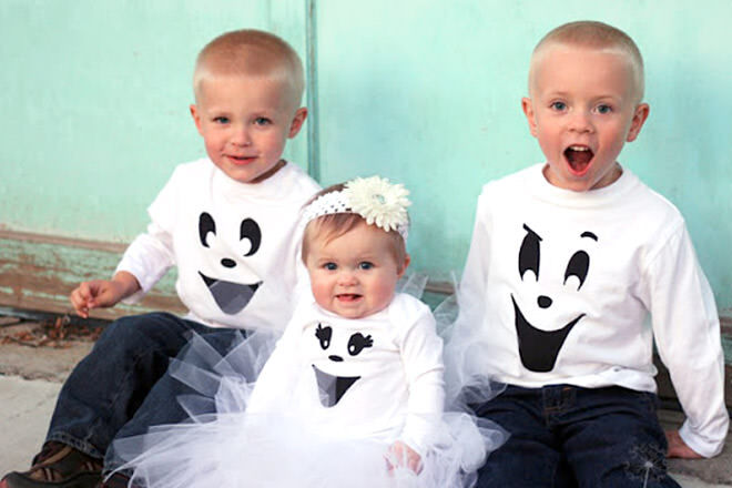 A stencil and black paint can turn kids into the spookiest and happiest ghosts around!