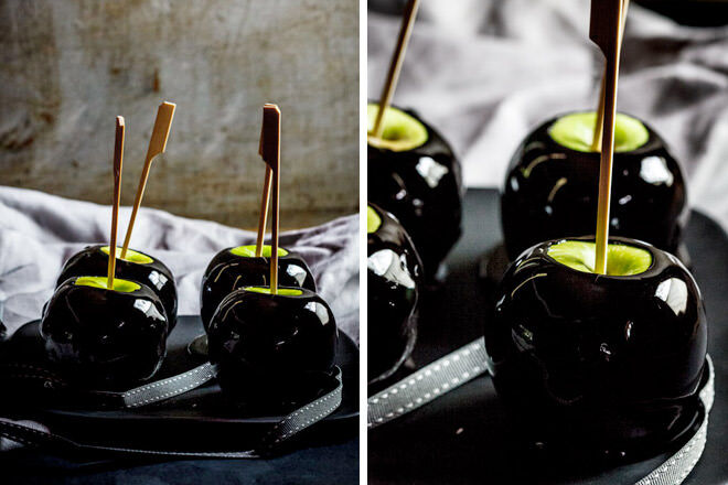 Halloween toffee apples with black food colouring look like poison apples.