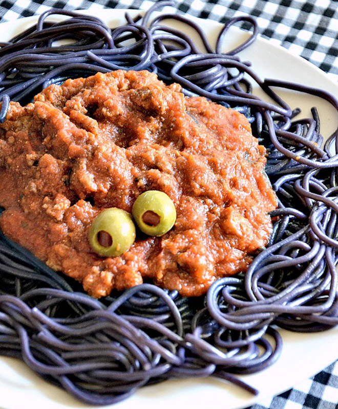 Feed the kids a proper dinner and scare them with bolognaise eyes and black pasta.