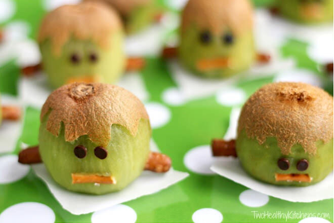 Halloween Kiwi. Woah! See how many weird and wonderful faces you and the kids can create with your creepy green fruit.