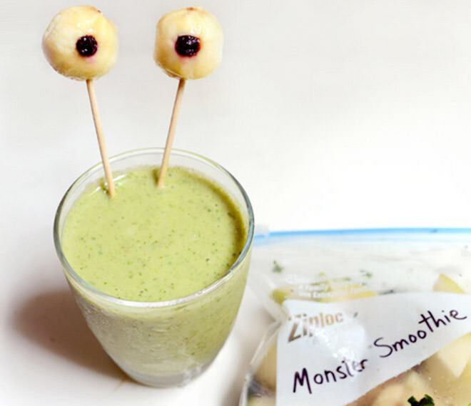 Add banana and blueberry 'eyes' on sticks for a monster morning green smoothie