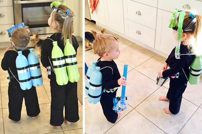 All black outfits and painted plastic bottles make the easiest scuba-diving costumes.