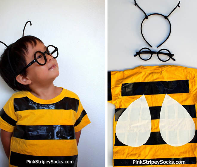 Buzz from house to house this Halloween with a duck taped yellow Tshirt Bee costume