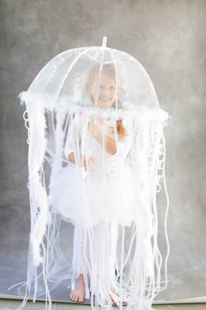White tutu, leggings and umbrella make a brilliant jellyfish costume for Halloween