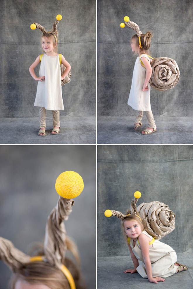 Rolled brown paper makes the perfect snail tail and anteners for this adorable Halloween costume
