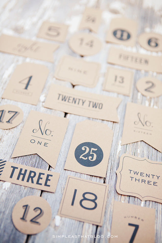 The most important part of an advent calendar is the count down. Print some numbers off yourself using this template from Simple as That. You can do it on brown paper or white and attached it to anything you want to use.