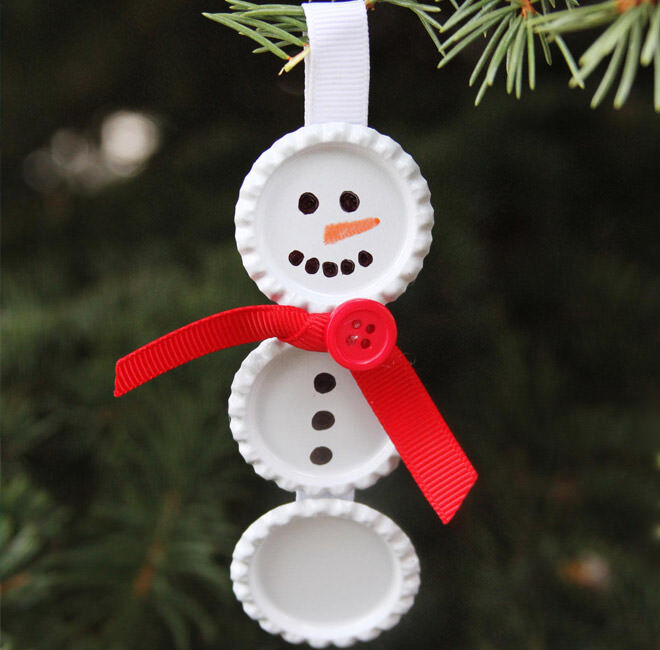Use old bottle caps painted white to whip up a snowman with your kiddos