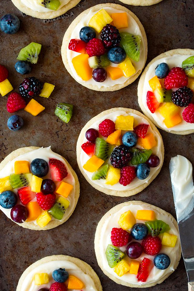 platter of mini pancakes with chopped fruit. Fruit Pizzas