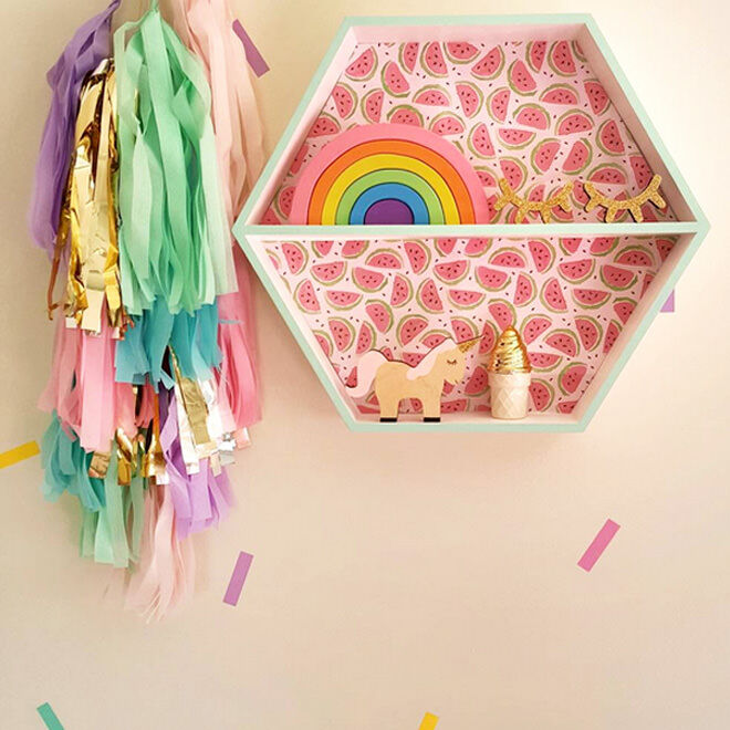 Easy Hack! Combining a watermelon motif paper with pastel paint makes this wall mounted shadow box from Kmart bang on trend!