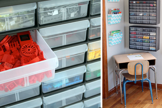 mounted tool organisers to the wall and put each colour of LEGO into different drawers. 