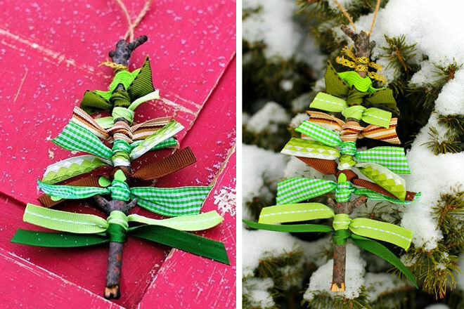 Wrap ribbon around sticks to make these twiggy Christmas tree ornaments. Perfect for kiddies learning to tie their shoes!