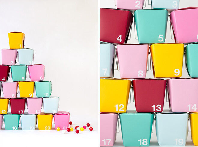 Just because traditionally Christmas is red and green doesn't mean you have to follow that. Why not throw some bright colours in this Christmas with a DIY advent calendar using take away containers.