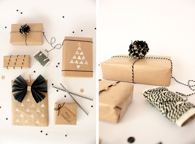 Monochrome gift wrap ideas with brown paper
