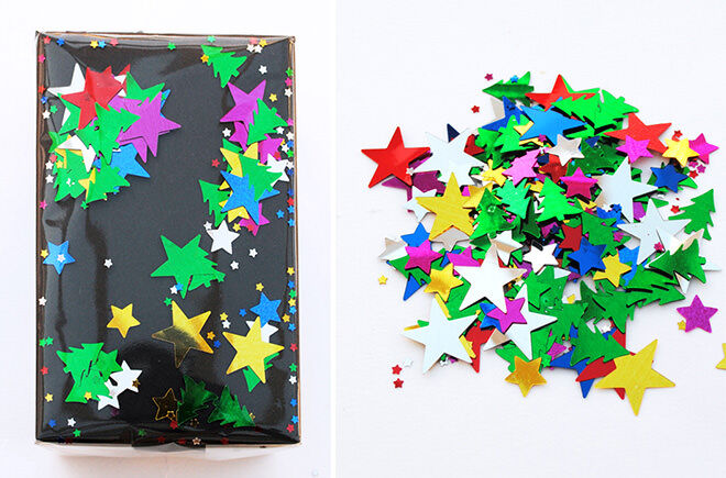 Wrap your gifts with a layer of paper and a layer of cellophane with confetti in between