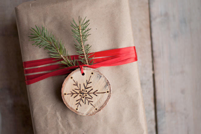 Simple Etched Wooden Slice and Red Ribbon