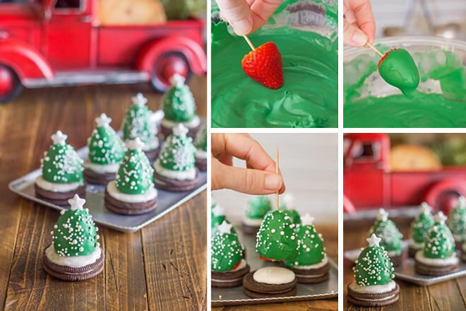 Christmas tree bites made from strawberries and biscuits!