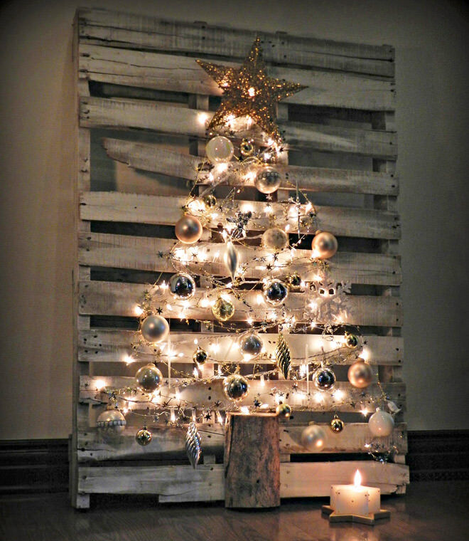 Recycled palate alternative Christmas tree with string lights