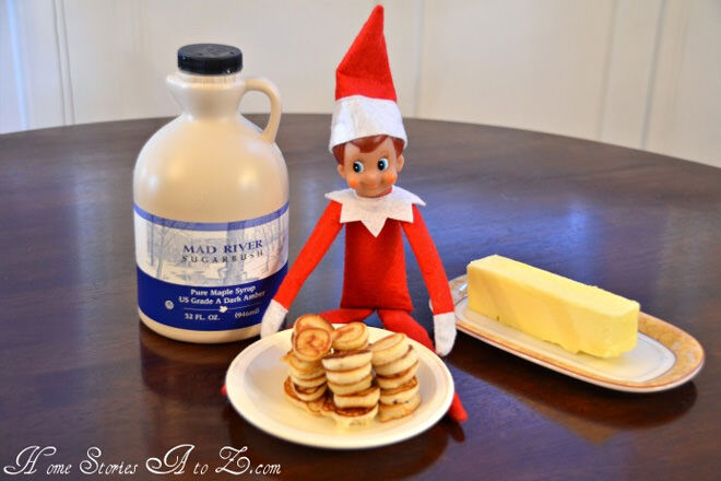 Elf on the Shelf eating tiny pancakes