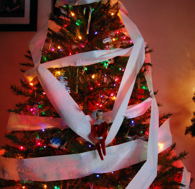 Elf on the Shelf wraps the Christmas tree in toilet paper