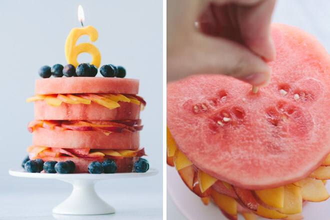 Healthy birthday cake watermelon and peach 