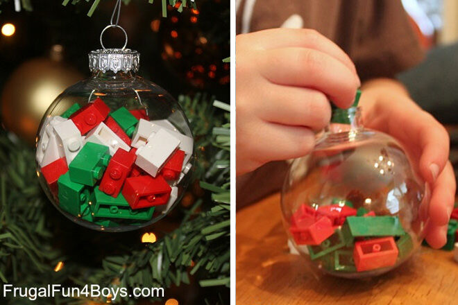 Use red, white and green LEGO bricks for your festive baubles!